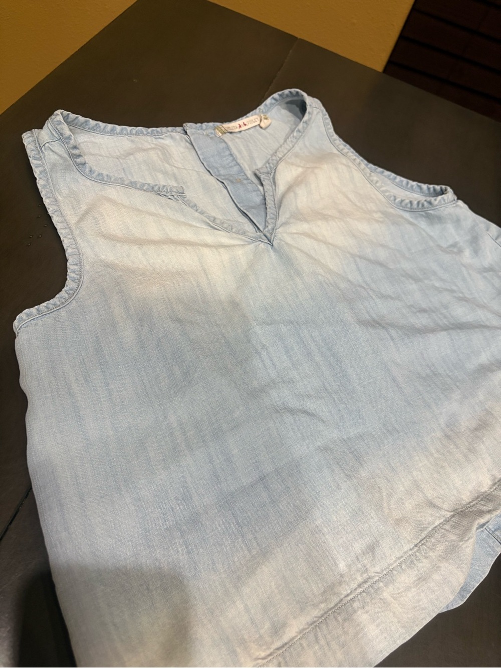 Chelsea & Violet Chambray Open Split Back Top Light Wash Denim